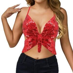Vintage Y2K Sequin Butterfly Sexy Strappy Backless Festival Clubbing Crop Top OS